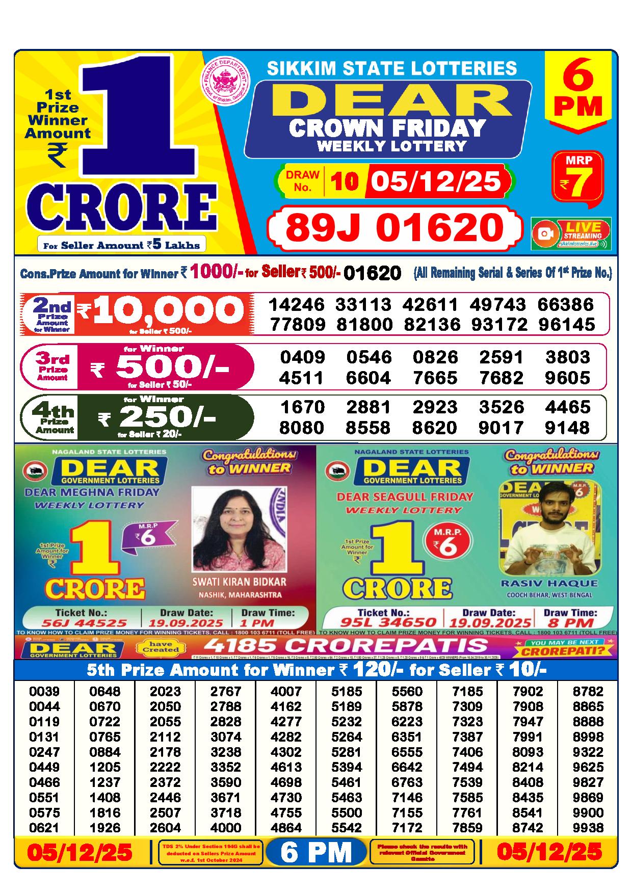 Dear Lottery Result Today 6 PM 05-12-2025
