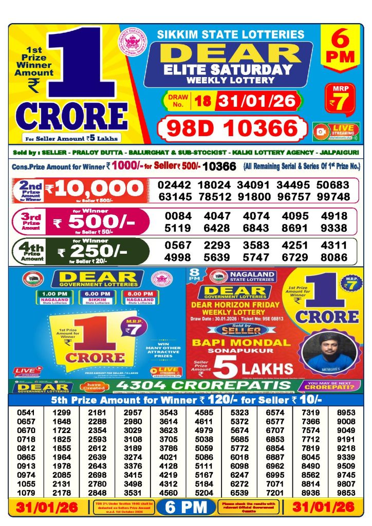 Dear Lottery Result Today 8 PM 31-01-2026