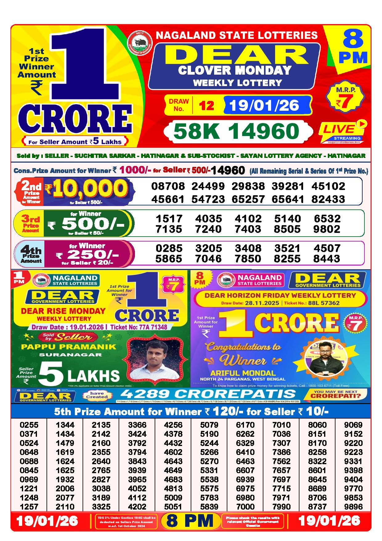 Dear Lottery Result Today 8 PM 19-01-2026 