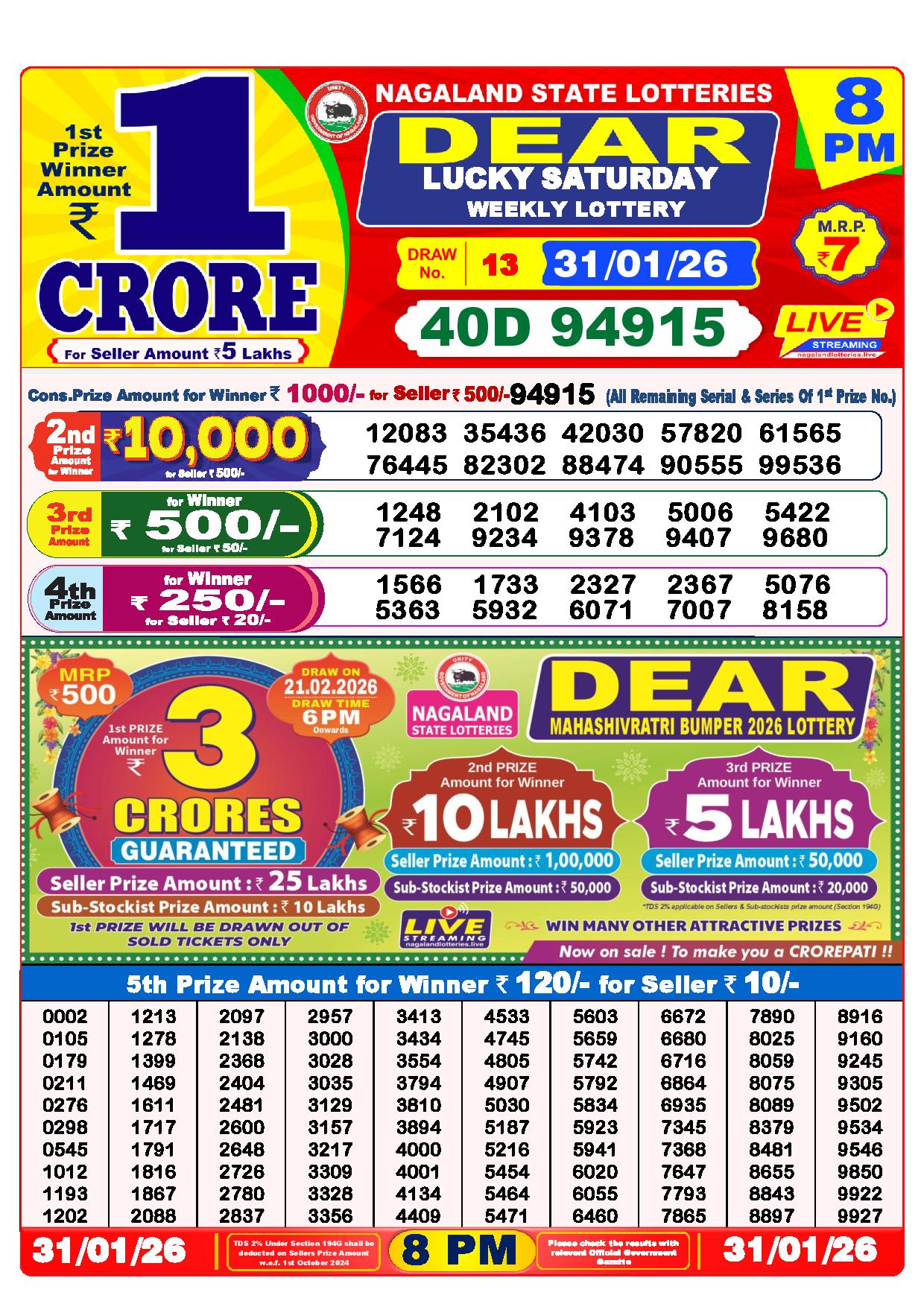 Dear Lottery Result Today 8 PM 31-01-2026