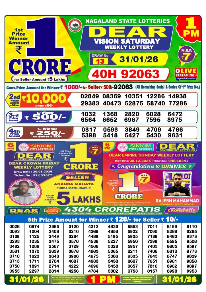 Dear Lottery Result Today 1 PM 31-01-2026