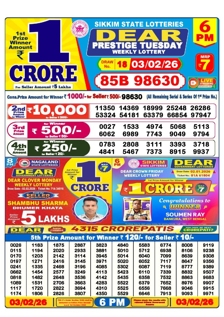 Dear Lottery Result Today 6 PM 03-02-2026
