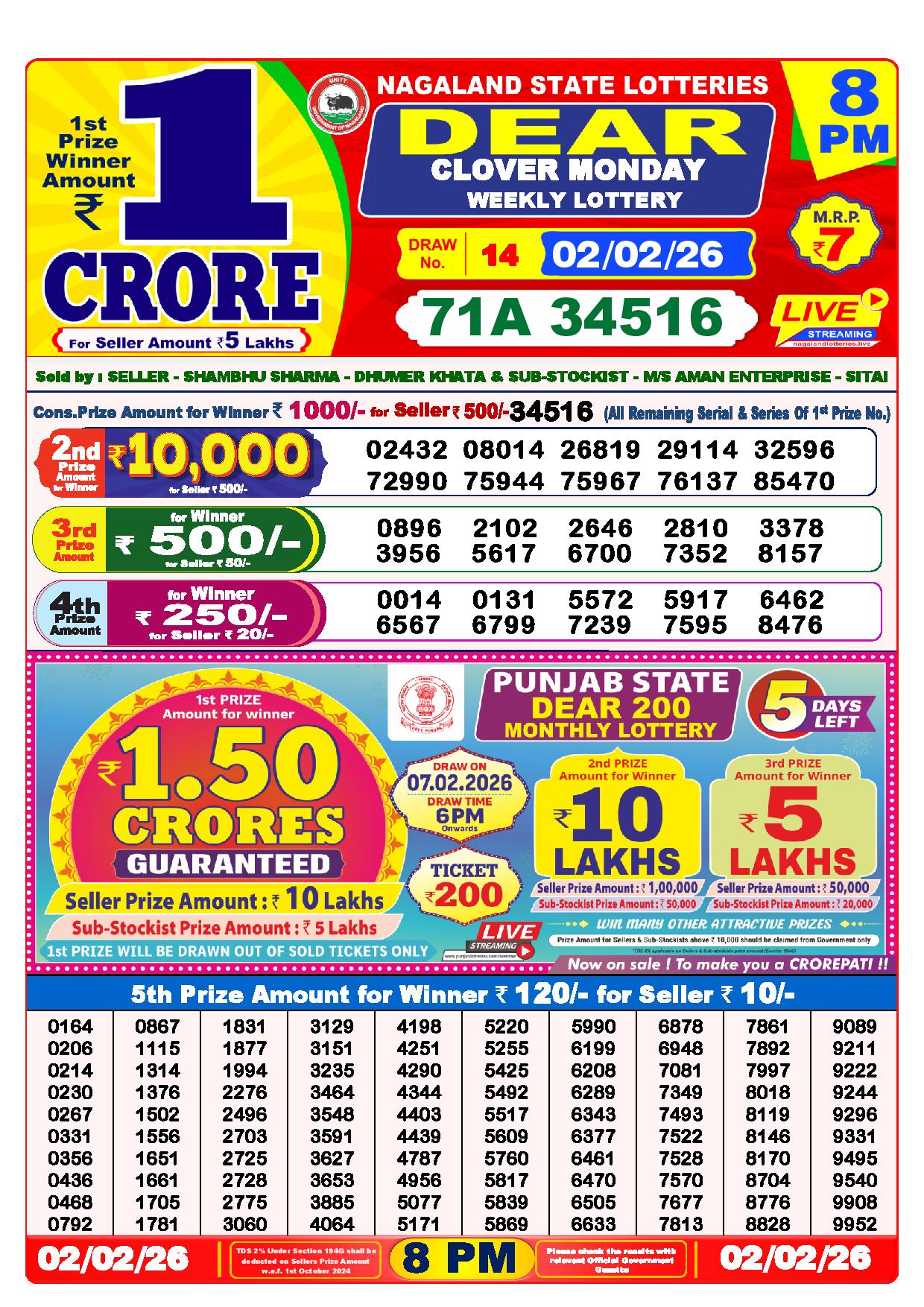 Dear Lottery Result Today 8 PM 02-02-2026 